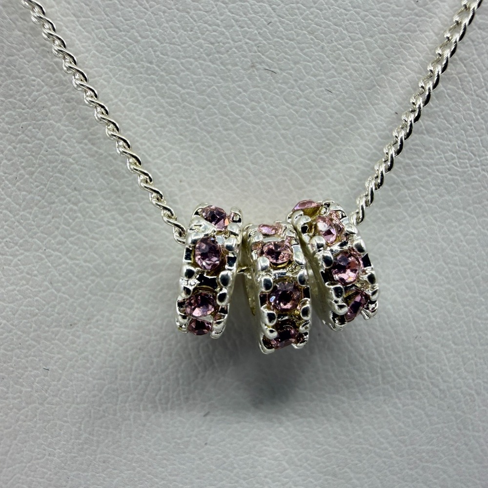 Silver Tone Triple Bead Necklace with Pink Rhinestones Minimalist Jewelry Gift